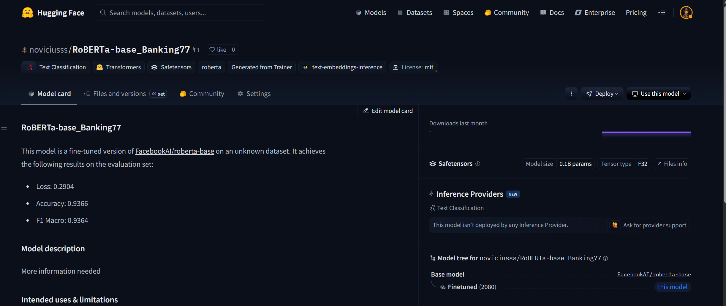 RoBERTa Banking Intent Classifier preview